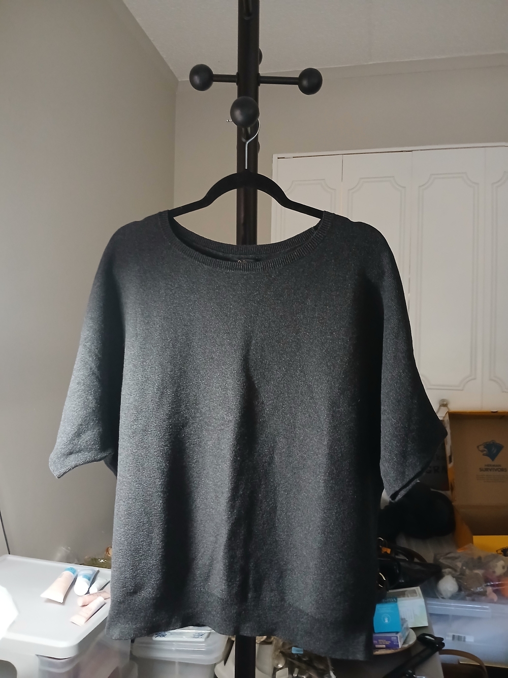 Quince Black/Gray Short-Sleeve Crewneck Sweater Womens Sz Large